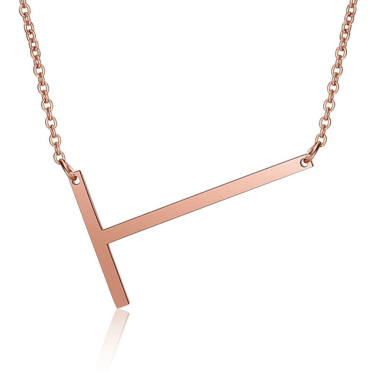 ZIVOMSideways Alphabet Initial Large Letter Rose Gold Stainless Steel Pendant Necklace Women
