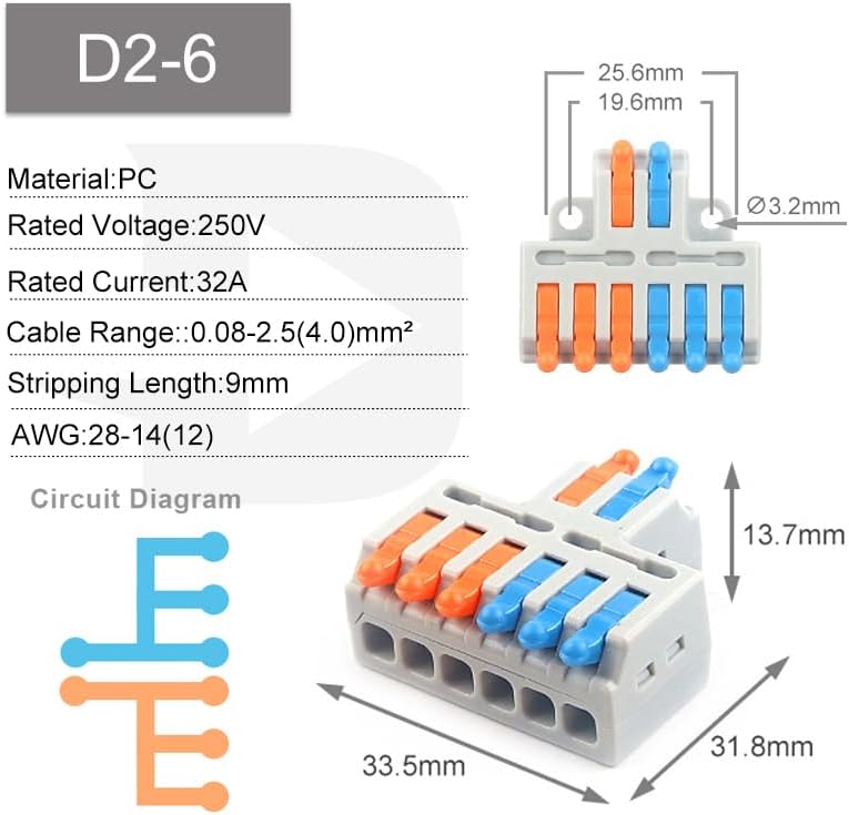 25/50/100PCS Compact Wire Connector Push-in Lever Spring Splice Terminal Block for Home Electrical Led Lighting Wiring(D2-6,50PCS)