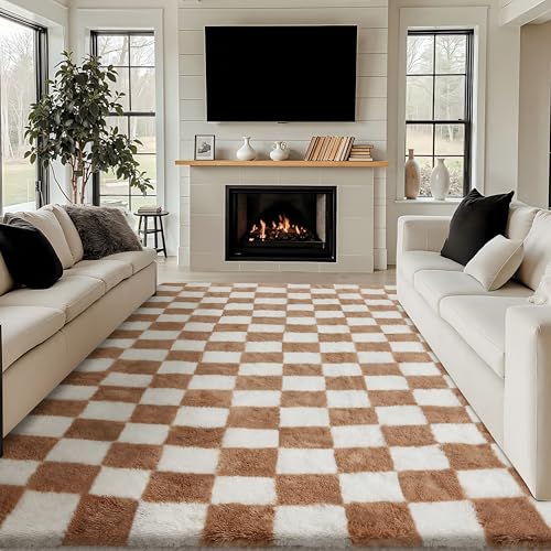 HUGEAR Kariert Flauschig Teppich Wohnzimmer 240x300 Teppiche Braun Weiß Shaggy rutschfest Kinderzimmer Mädchen Junge Carpet Schlafzimmer Hochflor We