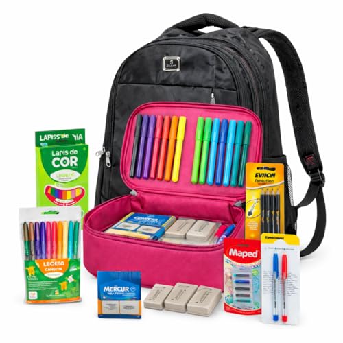 Kit Volta às Aulas Completo com Mochila Escolar Preta Reforçada e Estojo Box Organizador – Material Escolar com Canetas, Lápis, Borrachas e Lápis de Cor (Preto)