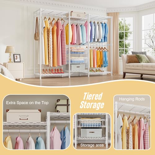 Uptyia Armario Abierto para Ropa, Burro de Ropa Resistente con Estantes, Perchero de Pie Metálico para Dormitorio o Vestidor, Blanco, 182x155x40cm - imagen 6