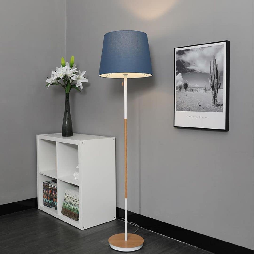 F BRIGHT Lámpara de Pie de Madera, Metalizada con Tulipa de Tela (Azul)