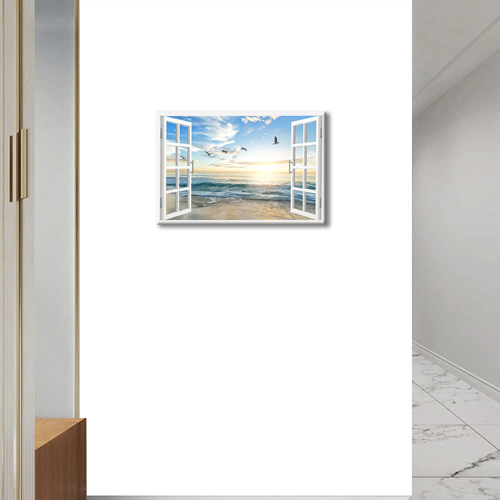 TISHIRON Beach View 3D Window Effect Canvas Art Sunset Beach Blue Ocean Art Large Modern Artwork Canvas Prints for Living Room Office Bedroom Posters Prints Framed Ready to Hang - Image 2