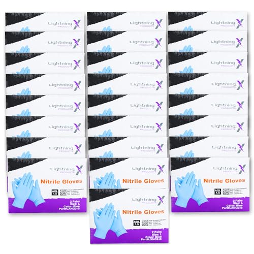 Lightning X Products Blue Nitrile Glove Pairs, Individually Packed, 100 Gloves, 50 Pairs, 25 Carded Packs of 2 Pairs - Large