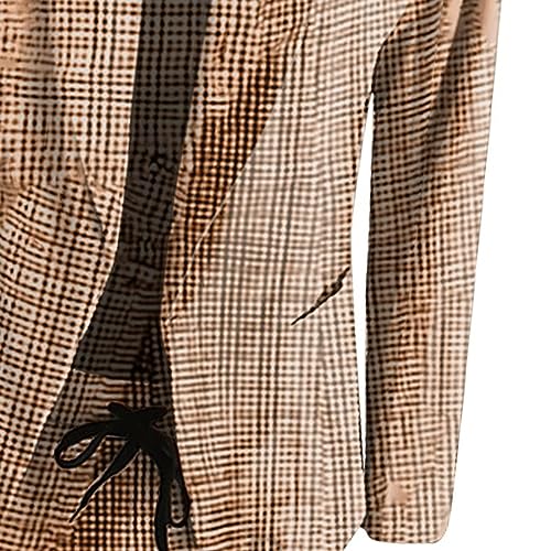 Women Blazer Set 2 Piece Outfits,Plaid Print Long Sleeve Blazer with Drawstring Pants Solid Business Casual Suit Set3
