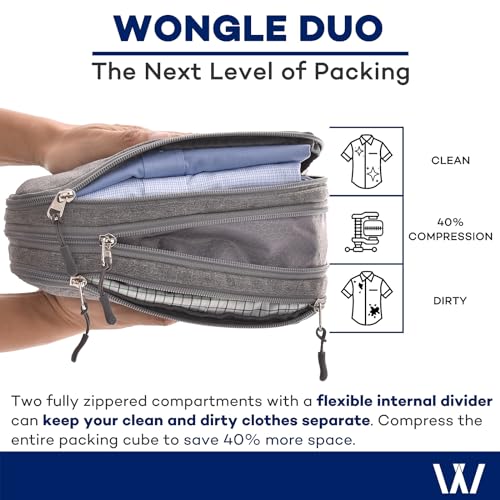 TWO-Compartment Compression Packing Cubes - WONGLE DUO 4 pc Set Travel Organizer Compressible Packing Cubes for Suitcases, Luggage Organizer Bags, Bedbug Protection, Travel Accessories (Grey)2