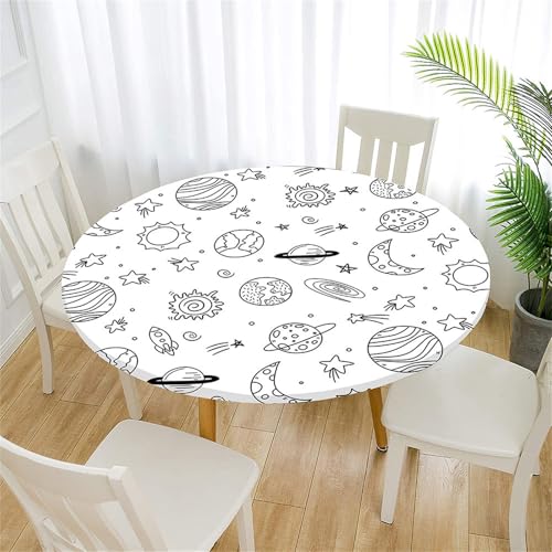Treer Mantel Redondo Antimanchas, Planeta de Dibujos Animados Mantel Mesa Redonda con Ajustable Borde Elástico, Manteles de Mesa, Lavable Manteles para Picnic Comedor Cena (Blanco,70cm)