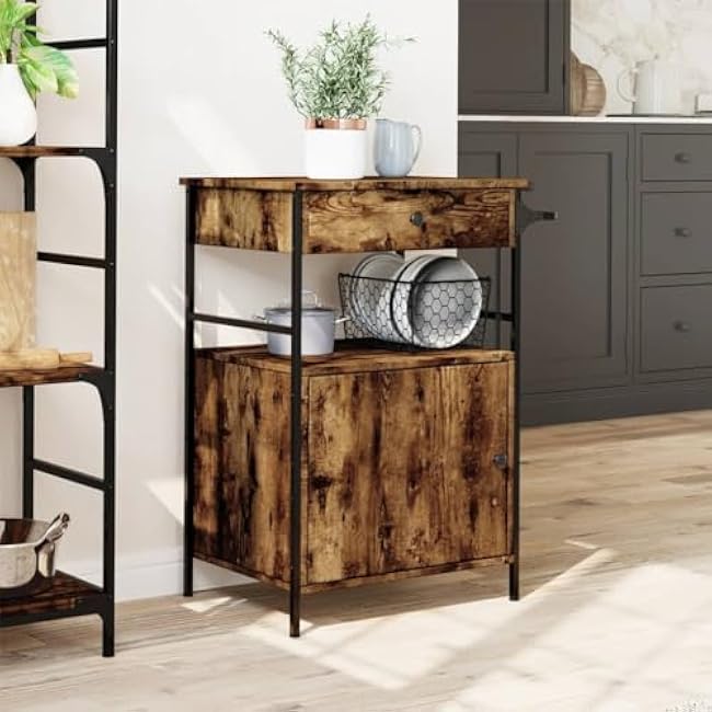 Kitchen Trolley Engineered Wood with Steel Frame, Ample Storage Space, Smoked Oak Finish, 22x16.9x35.2-SVHLWhIM