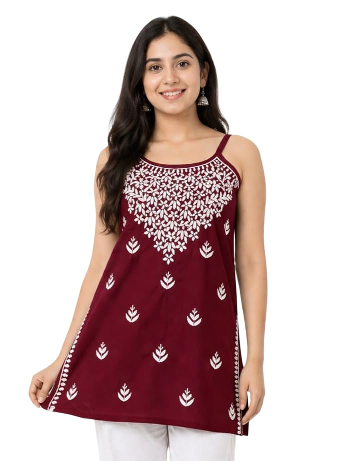 Image of Women's Chikankari Rayon Top Sleeveless Strappy Kurti | Embroidered A-Line Tunic for Women | Summer Ethnic Casual Wear Top with Spaghetti Straps