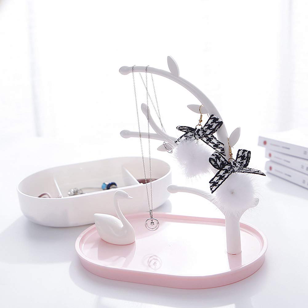 Jewellery Organizer Holder Swan & Tree Jewelry Stand Display with Bottom Storage Box for Necklace Earring Rings Bracelet, Jewellery Organiser Rack Birthday for Women Girl(Pink)