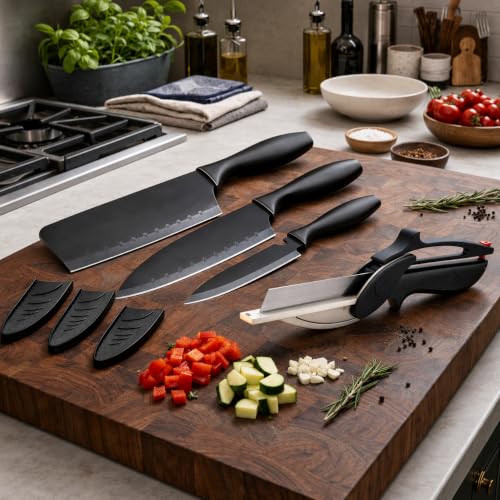 Image of Kitchen Knives Set with Clever Cutter 4 Pcs | Black Coted Stainless Steel Blade with Covers and Multi-Function Clever Cutter | Kitchen Knife Set and Slicer Scissor for Vegetable, Fruit & Meat Cutting