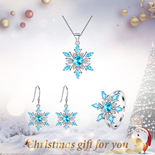 EVER FAITH Women's Jewelry 925 Sterling Silver Cubic Zirconia Elegant Winter Snowflake Party Necklace Earrings Ring Set2