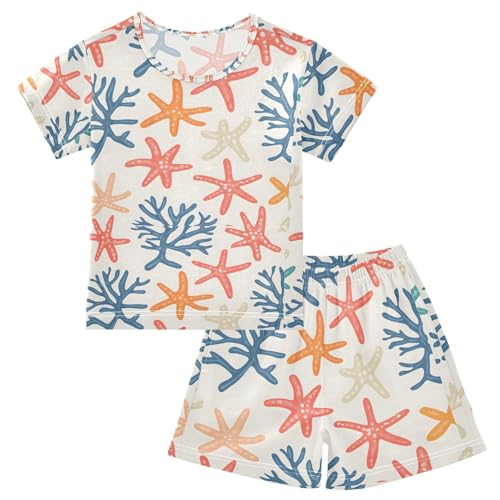 ALAZA Colorful Starfish Retro Pajamas Set Short Sleeve Cotton Sleepwear Summer Pjs 2 Piece 5-14Y