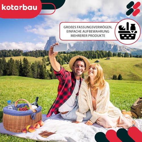 KOTARBAU® Weidenkorb mit Henkel - 47 x 31 x 32 cm - Korb mit Henkel - Einkaufskorb - mit Stoffeinlage in Blau - Pilzkorb - Erntekorb - Natürlich - Lebensmittelecht - Weide - Braun