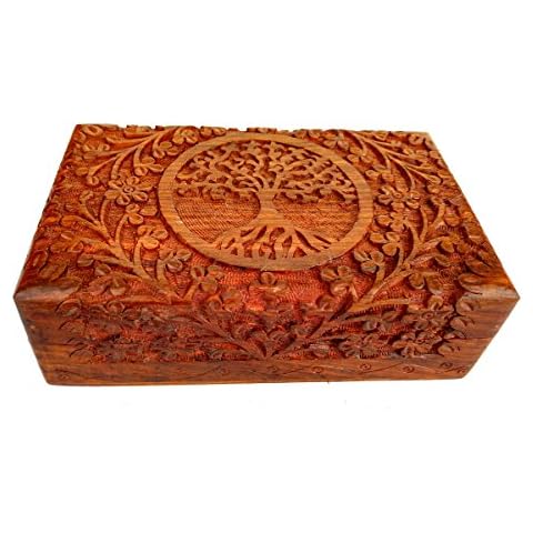 Rastogi Handicrafts Fine Wooden Carving Box Tree of Life for Jewelry Handmade Indian Cover