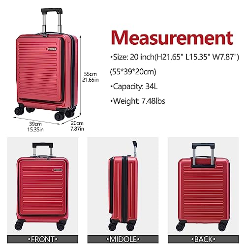 TydeCkare 20 Inch Carry On Luggage with Front Pocket, 21.65 * 15.35 * 7.87" Suitable for Airplane Overhead Bin, 34L Lightweight PC+ABS Hardshell with YKK Zipper, TSA Lock Approved, Wine Red4