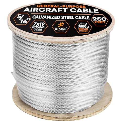 Image of Xpose Safety 5 /16 inch Galvanized Steel Aircraft Cable Wire - 250 ft Reel, 7x19 Strand, 9,800 lb Break Strength - for Pulley System, Winch, Marine, Deck Railing, Fencing, Zipline