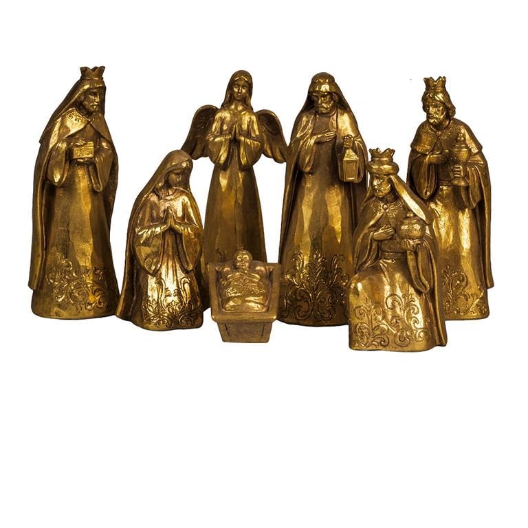 Misterio Nacimiento Clasico de 7 Piezas Dorado de Resina Pintado a Mano 20 cm