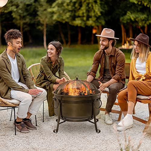 Outsunny 30" Outdoor Fire Pit Grill, Portable Steel Wood Burning Bowl, Cooking Grate, Poker, Spark Screen Lid For Patio, Backyard, Bbq, Camping, Bronze Colored #TOP1