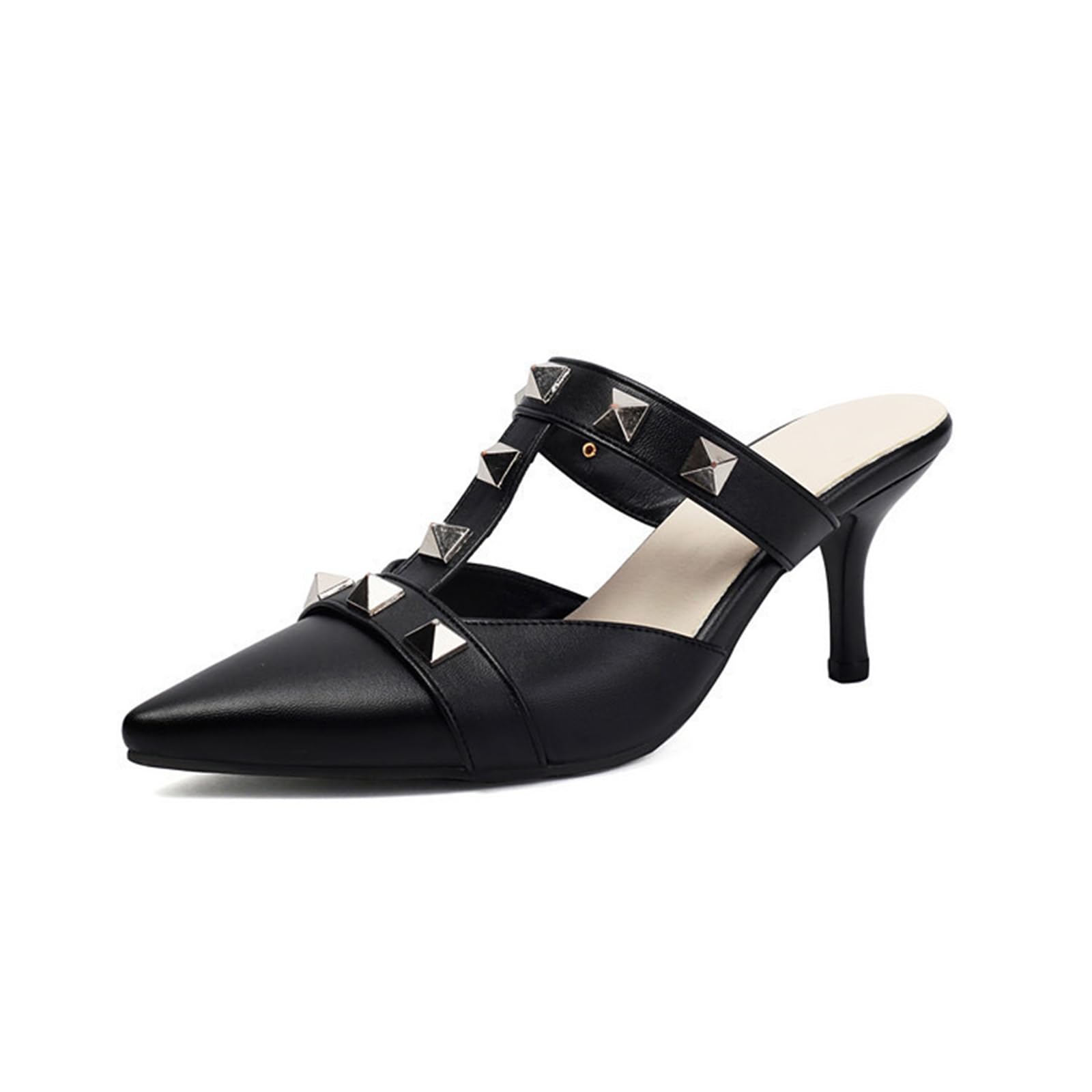 Mule da Donna con Cinturino A T Borchiato, Punta Stretta, Tacco Kitten, Schiena Aperta, Sandali con Tacco Medio, Comodi E Eleganti, Scarpe da Ufficio