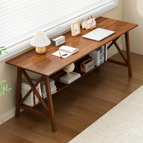 NELYE Extra Long Desk with Bookshelf - Wooden Home Office Work Study Table, 2-Person Writing Computer Workstation with Storage Shelf in Walnut, 63' Wx20 Dx30 H
