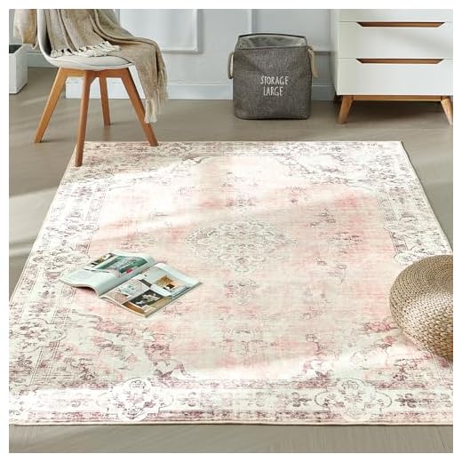 BRICHOEE - Tapete vintage de pelo corto lavable a máquina, tapete impreso antideslizante con estampado floral persa bohemio para la sala - 150 x 210 cm, rosa claro