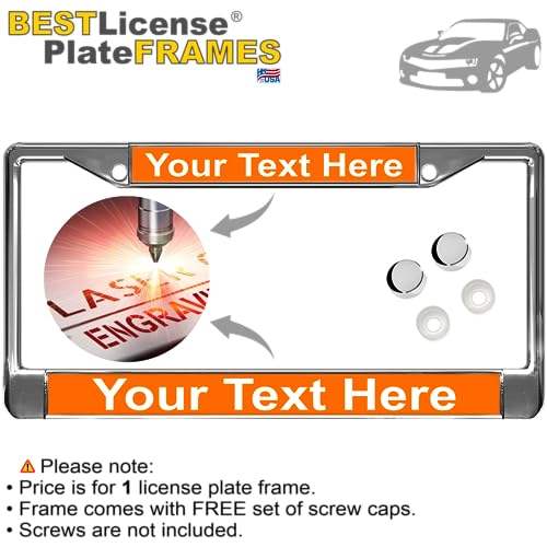 Image of Custom Personalized Chrome-Plated Metal Laser Engraved Standard Size - Car /Automobile License Plate Frame with Free caps - Orange /White Text (Qty: 1 Frame)