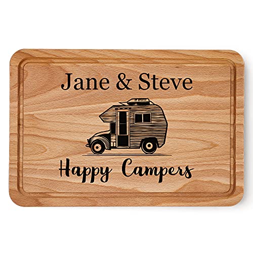 Personalised Chopping Board, Happy Campers, Camping Gifts, Campervan Caravan Kitchen Beech Wood Cutting Board, Food Prep, New Home Gifts House Warming Gift