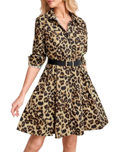 Image of Women's Printed Button Down Shirt Dress Long Sleeve Belted Mini Dress