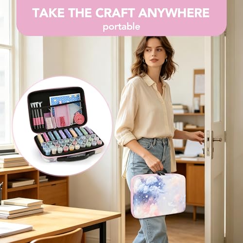 Image of MERATIA Diamond Painting Storage Case Organizer, 40 Slots with Accessories | Starlit Mist hard-shell case with 10 flip-top boxes, 30 screw-top jars, foam insert, mesh pocket and tools.