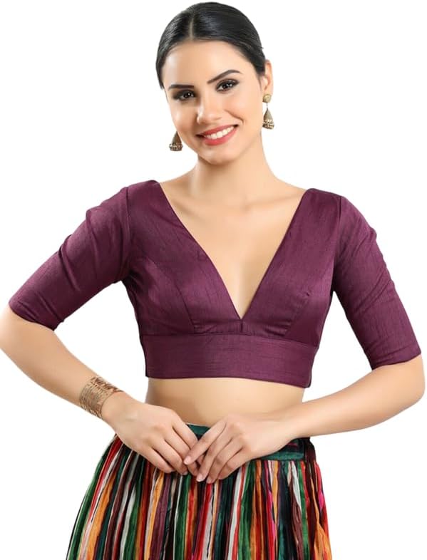 Dupion Silk Solid Non Padded Saree Blouse Top V-Neck Short Sleeves Hook and Eye Closure and Tie-Up Back Choli