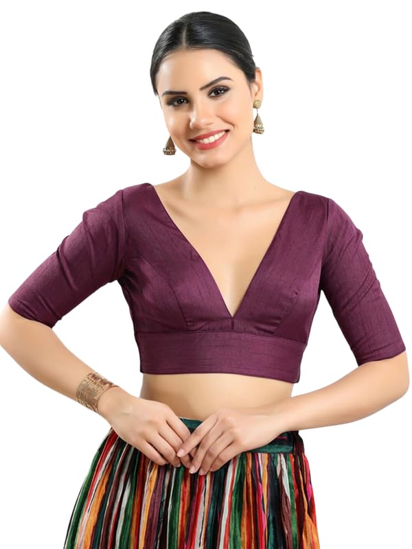 Image of Dupion Silk Solid Non Padded Saree Blouse Top V-Neck Short Sleeves Hook and Eye Closure and Tie-Up Back Choli