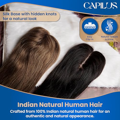 Image of Capilus 100% Human Hair Extensions for Women, Clip in Scalp Topper /Hair Topper, Silk Based- (5 inchx5 inch, 20 Inches, Natural Black)