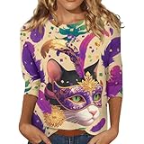 Karnevals T-Shirts Für Damen Übergrößen 3/4-Ärmel Maskenaufdruck Karnevals Outfit Lustig Karnevalshirt Locker Rundhals Oberteile Festliche Blusen Faschingskostüm(2XL,A-Lila)
