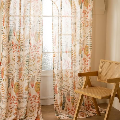 Image of Story@Home Long Door Curtains 9 Feet Long Set of 1 | Leaf Printed | Semi Transparent Curtain | Net Curtains | Sheer Curtain for Living Room | (118 X 275 Cm, Cream & Orange) | Perfect for Home Decor