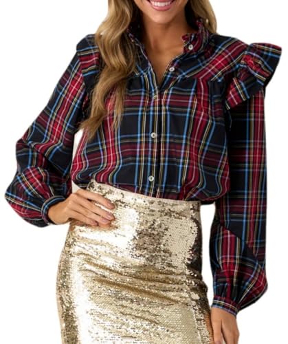 Plaid Shirts for Women Ruffle Button Down Shirts Puff Long Sleeves Blouses Collared Casual Tops