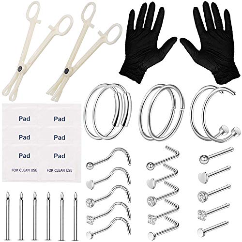 Nose Piercing Kit - Beautylu Professional Piercing Kit Includes Piercing Jewelry Piercing Needles 18G 20G Piercing Clamps Nose Ring Studs Nose Hoop for Womens Mens Body Piercing Kit Piercing Supplies