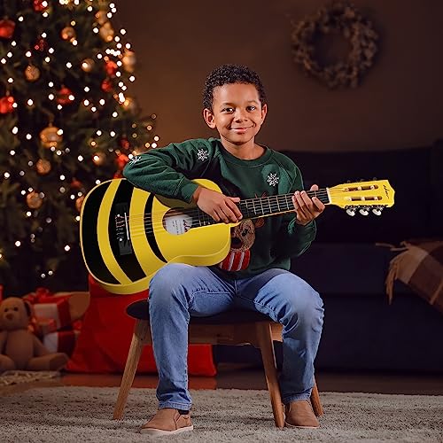 ADM Guitare de concert junior 1/4 pour débutant avec accordeur à clip, étui, sangle, cordes et médiators supplémentaires, abeille jaune - Les Beatles, Paul McCartney, John Lennon, RIngo Starr, George Harrison ADM Guitare de concert junior 1/4 pour débutant avec accordeur à clip, étui, sangle, cordes et médiators supplémentaires, abeille jaune – Image 8
