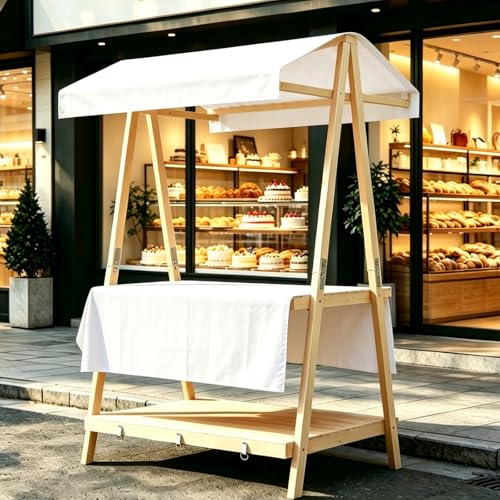 Foldable Wooden Market Stall with Canopy Tent, Portable Farmers Market Booth, Heavy Duty Vendor Display Stand for Craft Fair, Flea Market & Outdoor Selling Events(White,41.7in/106cm)
