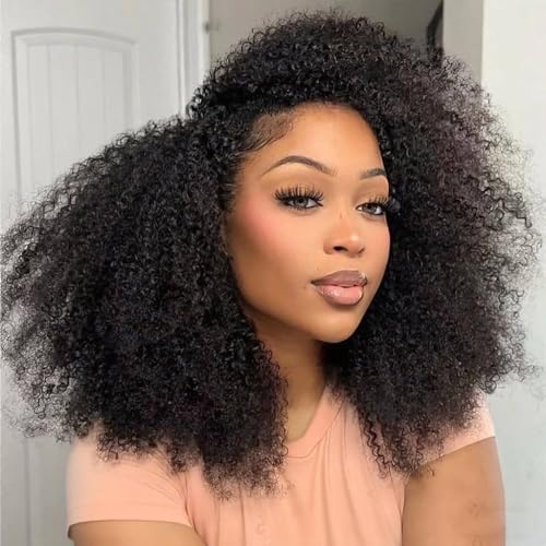 XSY Curly Half Wig Human Hair 200% Density Kinky Curly Headband Wig 3 In 1 Half Wig with Drawstring Wear and Go Glueless Human Hair Wigs for Women Beginner Friendly Natural Colour 12 Inch