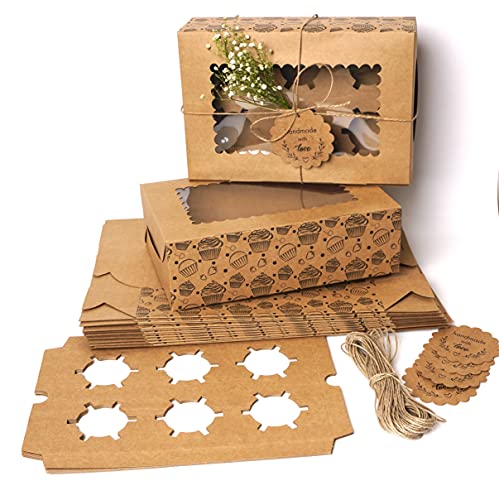 Image of mudrit Paper Cupcake Boxes With Insert Trays (Pack Of 20), Brown Cupcake Carrier, Food Grade Kraft Bakery Boxes With Windows & Inserts To Fit 6 Cupcakes Muffins Or Pastries, 470 Ml