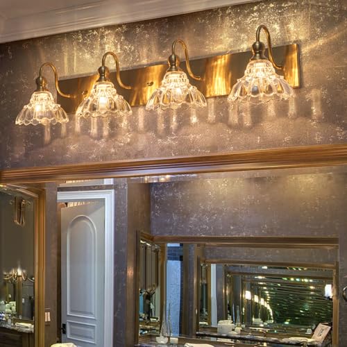 Image of EDISLIVE Vintage Vanity Light for Bathroom Gold 4-Light Bath Wall Light Fixture with Clear Flower Glass Shades 36.22 inch E12 Antique Wall Sconce for Bedroom Hallway Living Room Vanity Mirror
