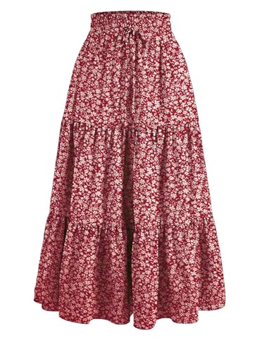 Women's Summer Floral Maxi Skirt Elastic High Waist Flowy Tiered Long Skirts A-Line Boho Skirt with Pockets3