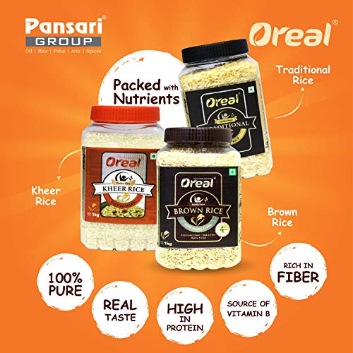 Image of Oreal Brown Rice, Pack of 3 (1 KG Each) Combo Pack of Long Grain Brown Rice, Traditional Rice and Kheer Rice