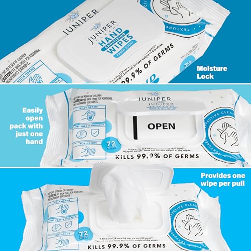 Juniper CLEAN, 3 Pack Hand Sanitizing Wipes, 216 Count Disposable Hand Sanitizer Wipes, Fresh Scent, Lint Free & Durable - Thumbnail 6