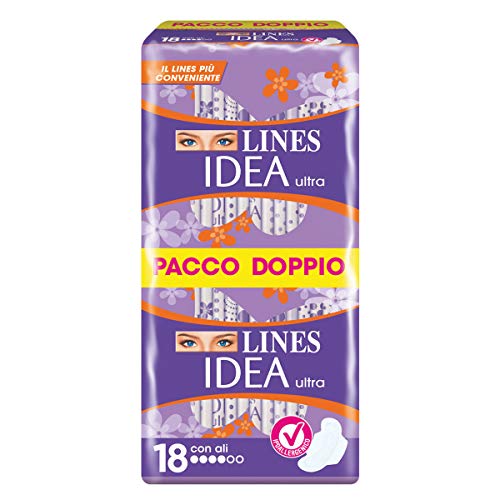 Lines Idea Ultra con Ali, 18 assorbenti per il giorno. Ipoallergenico e Neutralizza Odori, con cuore Lines assorbente con 3 mm di spessore.