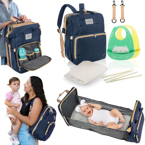 ECARTYA Mochila Pañalera de Bebés + Babero + Colchón + Sujeción para Carro. Mochila Bebé Multifuncional con Cuna Desplegable. Mochila Carro Bebé de Gran Capacidad e Impermeable. (Azul)