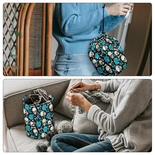 Image of Sellikakes Skull Rose Small Yarn Storage Bag with Drawstring, Mini Knitting Yarn Holder Stores Skein Ball, Crochet Project Knitting Supplies