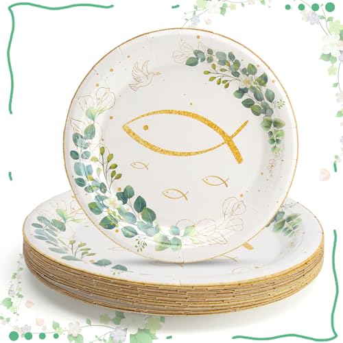 Platos de cartón comunión 24 unidades Diseño eucalipto y pez dorado resistentes y bonitos para decoración comunión niño decoración para bautizo niña confirmación para pastel chuches eventos escolares