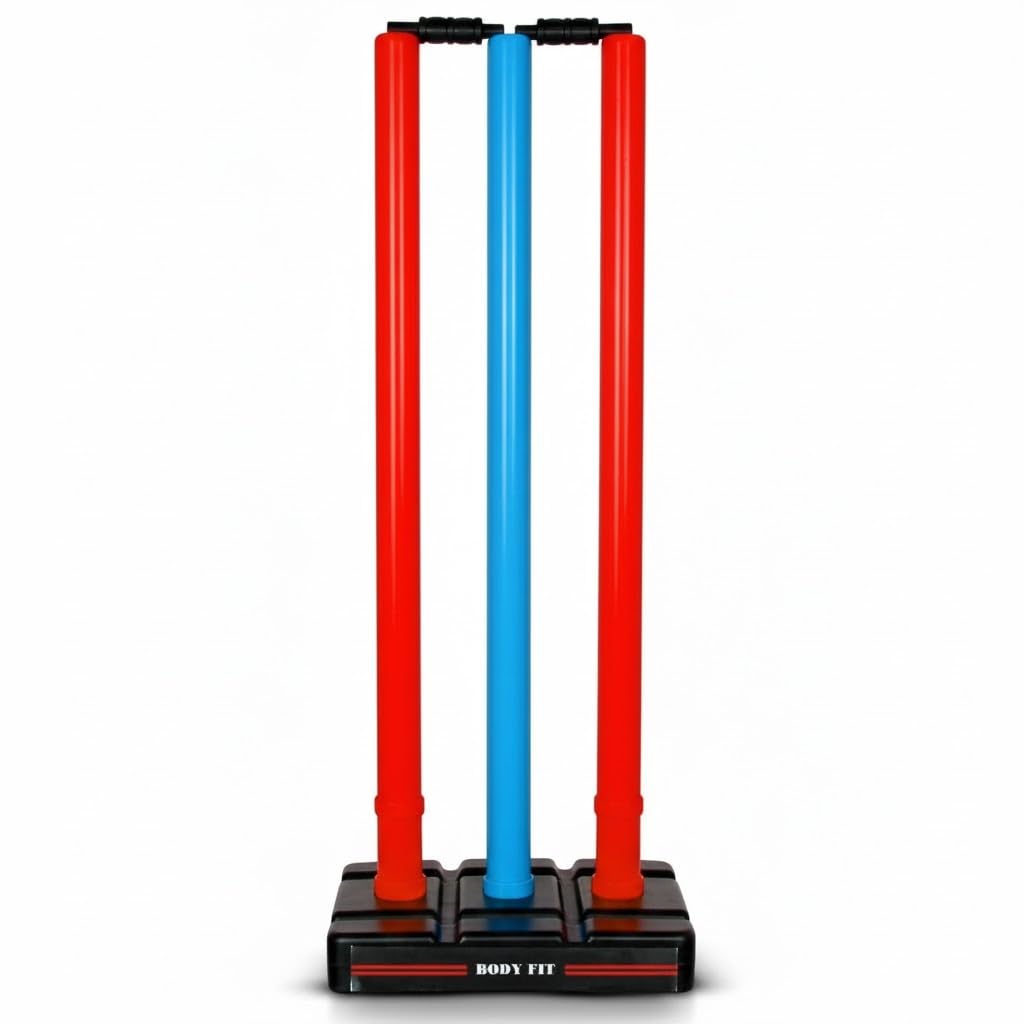 Bodyfit Heavy Cricket Stumps | Red Plastic Wickets Set with 3 Stumps + 2 Bails + 1 Stand | Full Size Wickets for Cricket Ground, Tournament Wicket, Red-Blu-R.-image-44